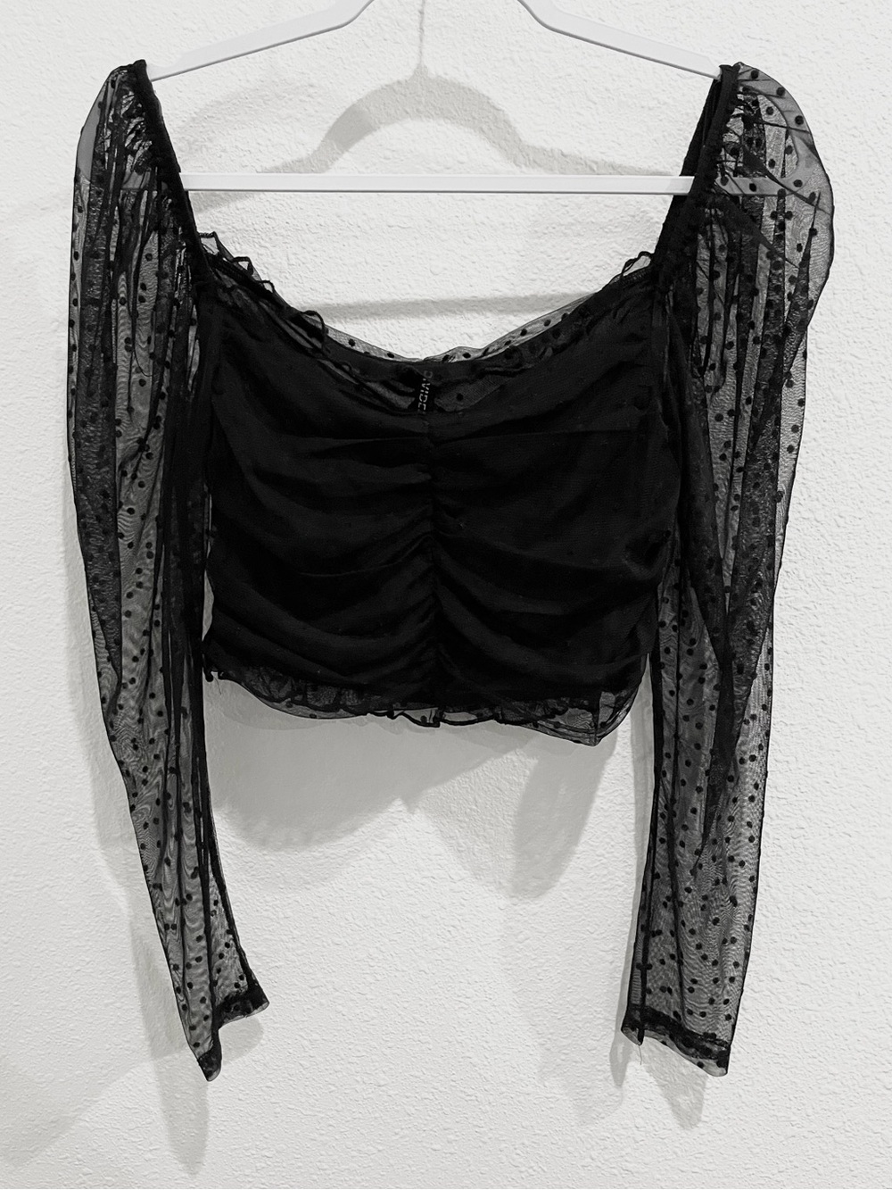 Black Lace Puff-Sleeve Ruched Top Whimsigoth Feminine Sheer